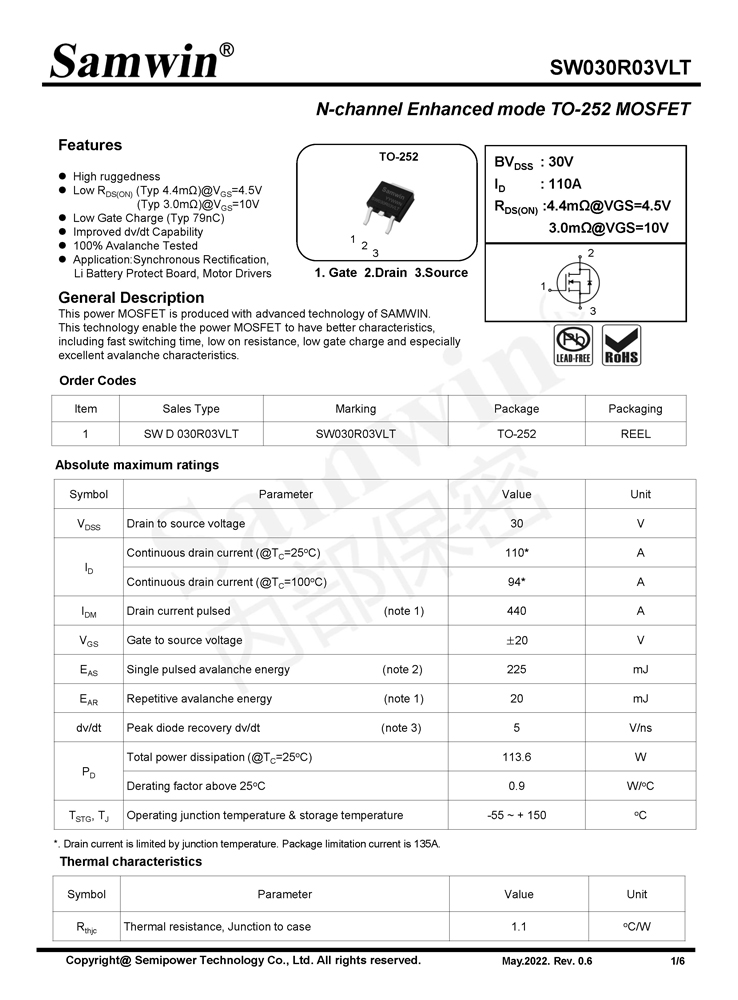 Samwin SW030R03VLT N-channel Enhanced mode TO-252 MOSFET