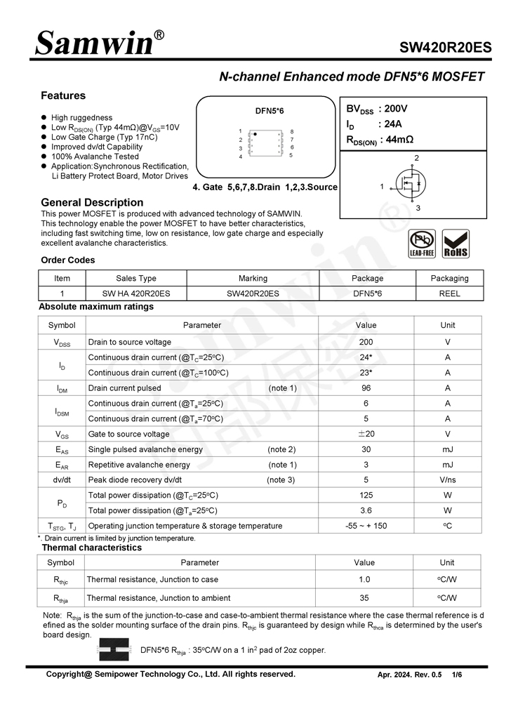 Samwin SW420R20ES N-channel Enhanced mode DFN5*6 MOSFET