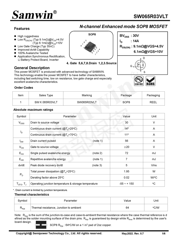 Samwin SW065R03VLT N-channel Enhanced mode SOP8 MOSFET