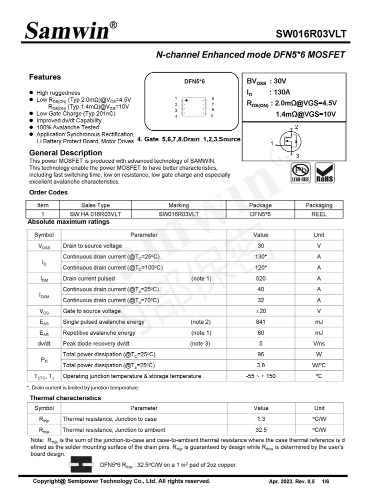 Samwin SW016R03VLT N-channel Enhanced mode DFN5*6 MOSFET