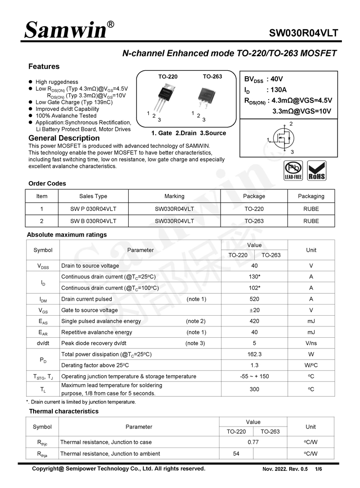 Samwin SW030R04VLT N-channel Enhanced mode TO-220/TO-263 MOSFET