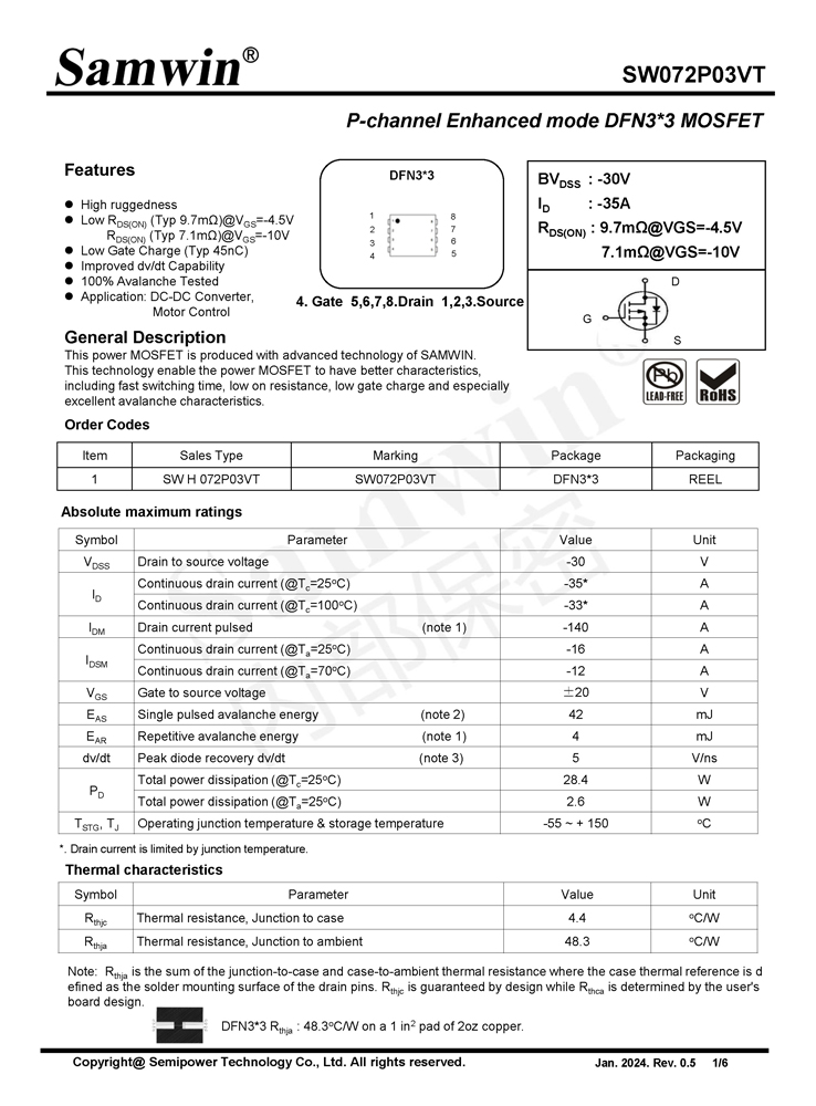 Samwin SW072P03VT P-channel Enhanced mode DFN3*3 MOSFET