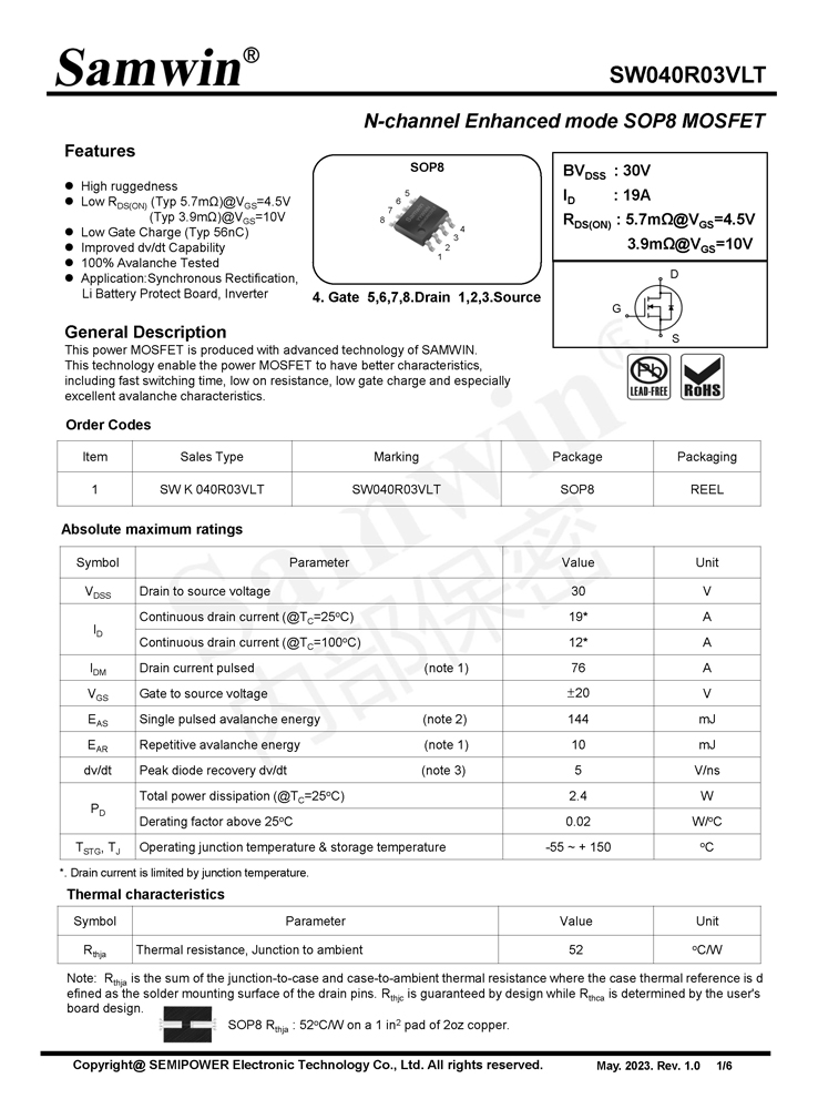 Samwin SW040R03VLT N-channel Enhanced mode SOP8 MOSFET