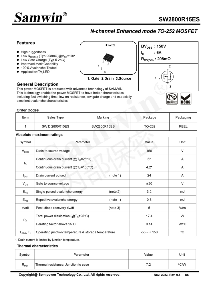 Samwin SW2800R15ES N-channel Enhanced mode TO-252 MOSFET