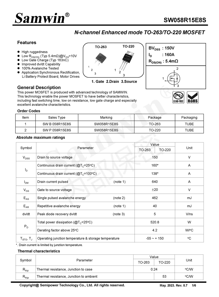 Samwin SW058R15E8S N-channel Enhanced mode TO-263/TO-220 MOSFET