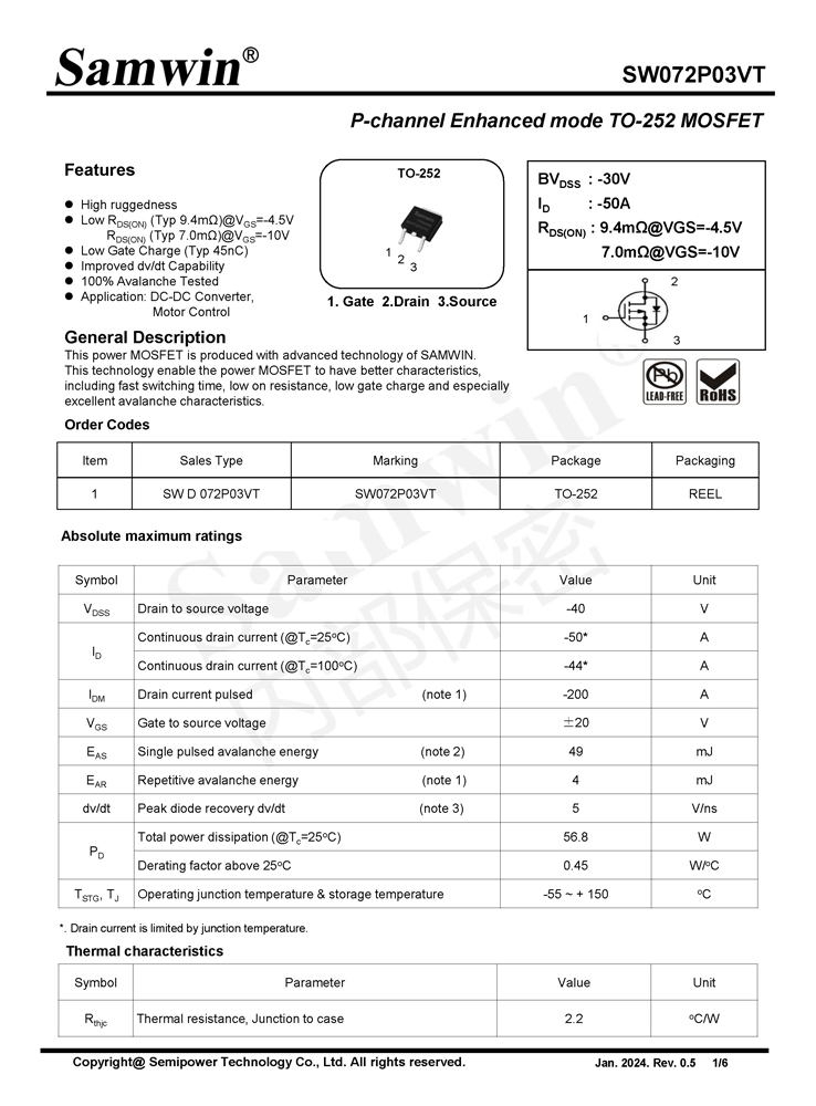 Samwin SW072P03VT P-channel Enhanced mode TO-252 MOSFET