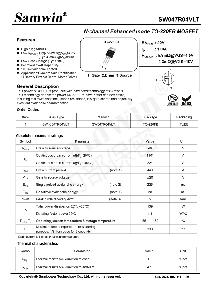 Samwin SW047R04VLT N-channel Enhanced mode TO-220FB MOSFET