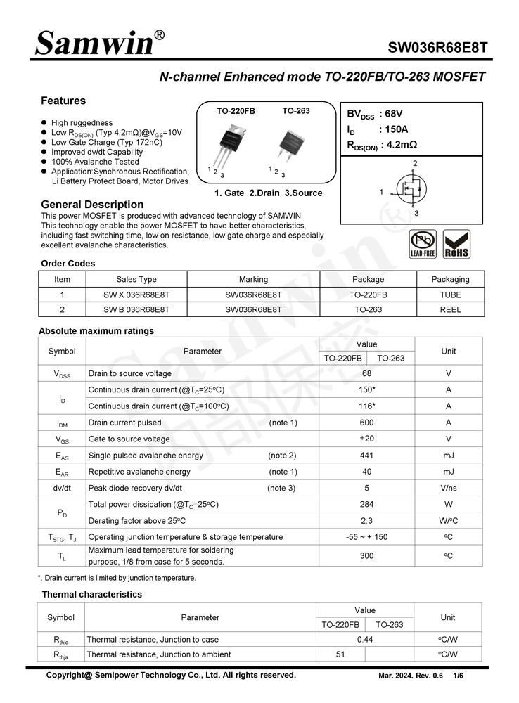 Samwin SW036R68E8T N-channel Enhanced mode TO-220FB/TO-263 MOSFET