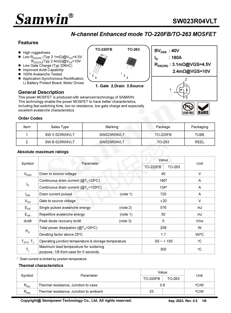 Samwin SW023R04VLT N-channel Enhanced mode TO-220FB/TO-263 MOSFET