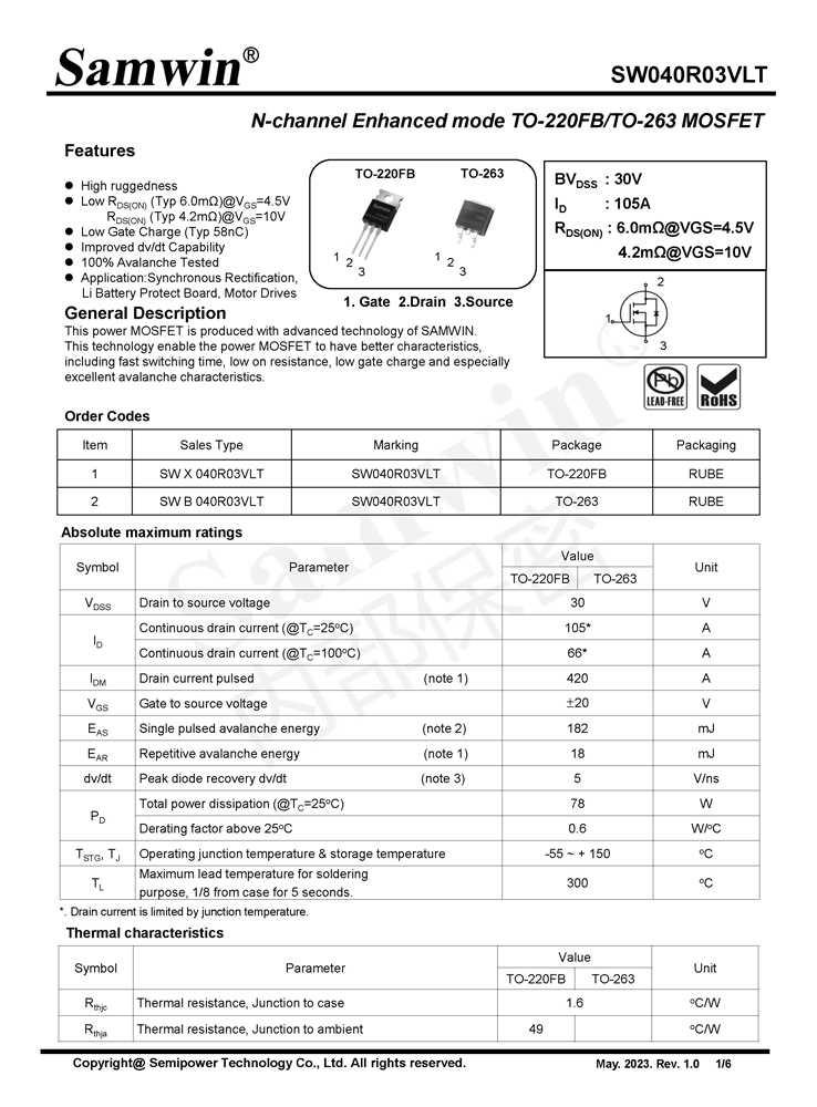 Samwin SW040R03VLT N-channel Enhanced mode TO-220FB/TO-263 MOSFET