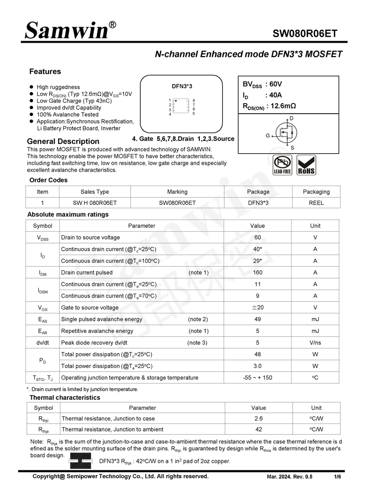 Samwin SW080R06ET N-channel Enhanced mode DFN3*3 MOSFET