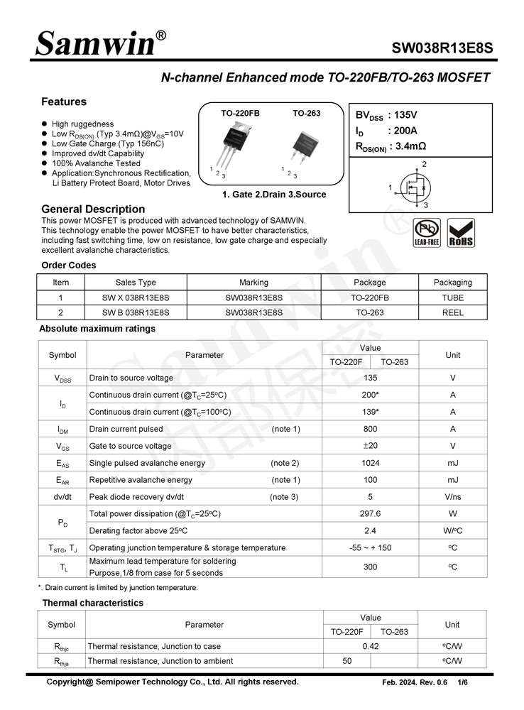 Samwin SW038R13E8S N-channel Enhanced mode TO-220FB/TO-263 MOSFET