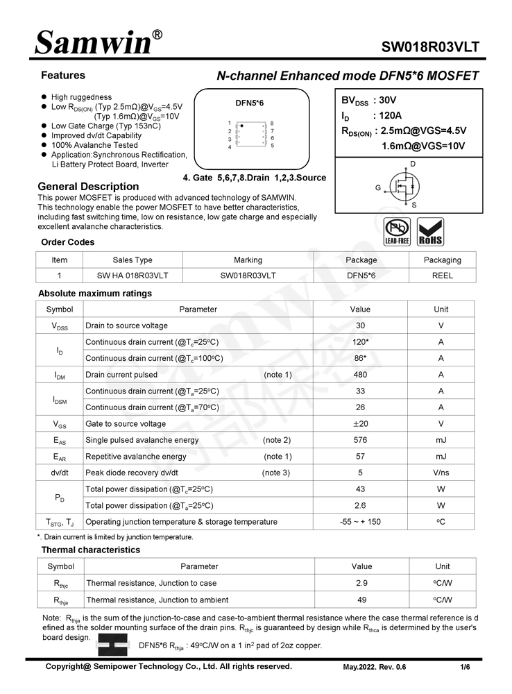 Samwin SW018R03VLT N-channel Enhanced mode DFN5*6 MOSFET