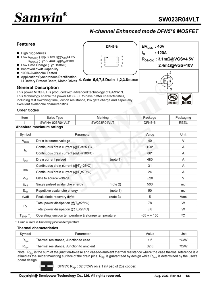 Samwin SW023R04VLT N-channel Enhanced mode DFN5*6 MOSFET