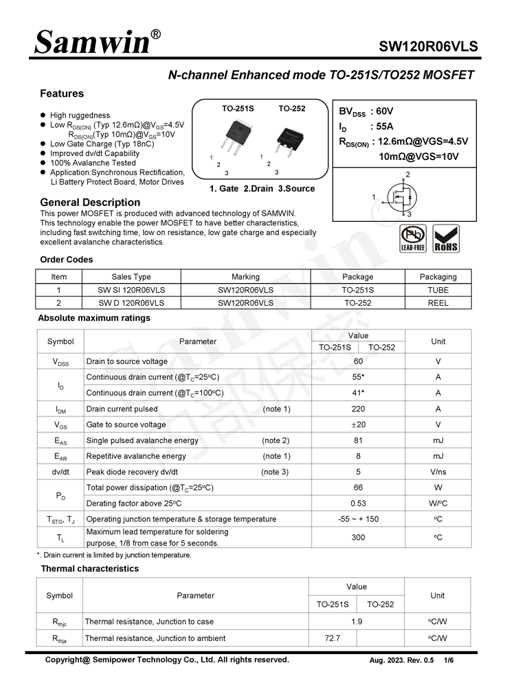 Samwin SW120R06VLS N-channel Enhanced mode TO-251S/TO252 MOSFET