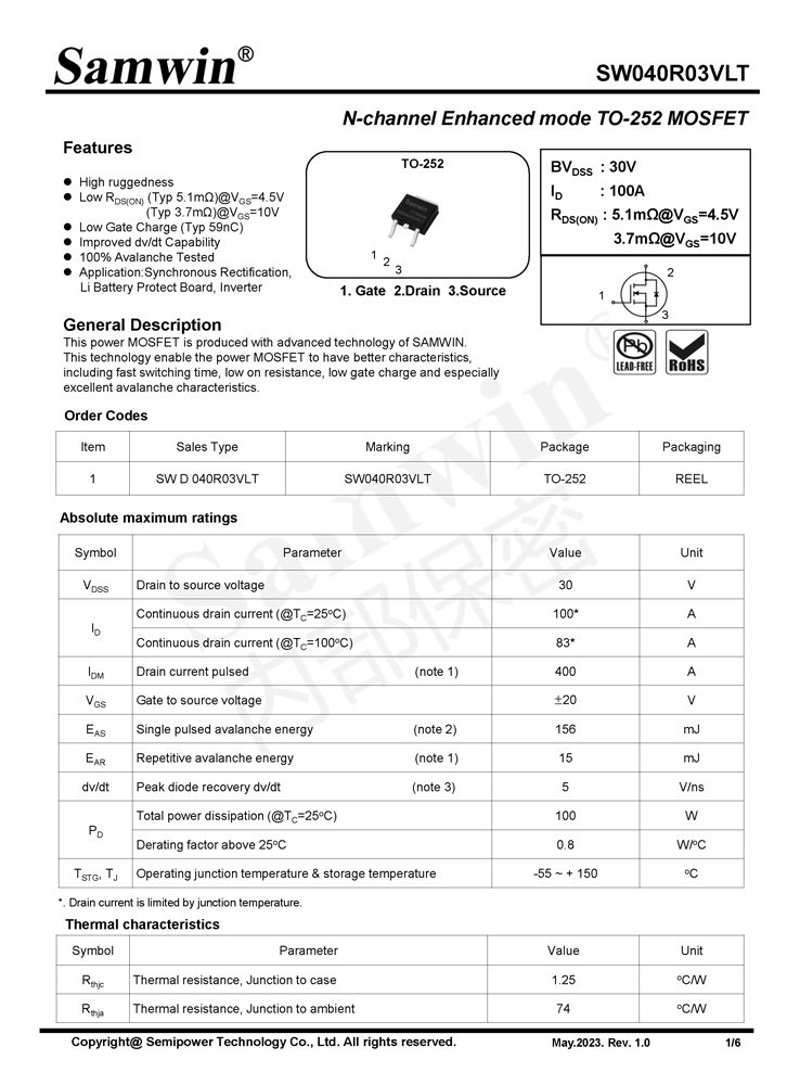 Samwin SW040R03VLT N-channel Enhanced mode TO-252 MOSFET