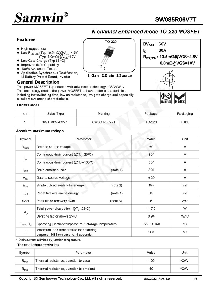 Samwin SW085R06V7T N-channel Enhanced mode TO-220 MOSFET