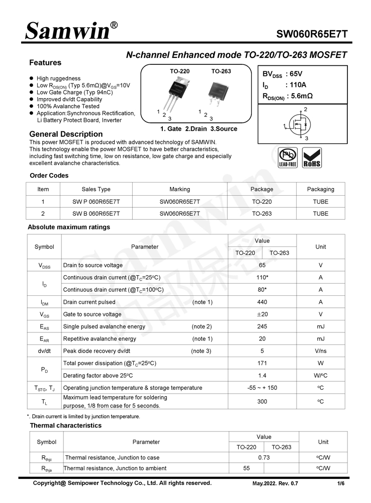 Samwin SW060R65E7T N-channel Enhanced mode TO-220/TO-263 MOSFET