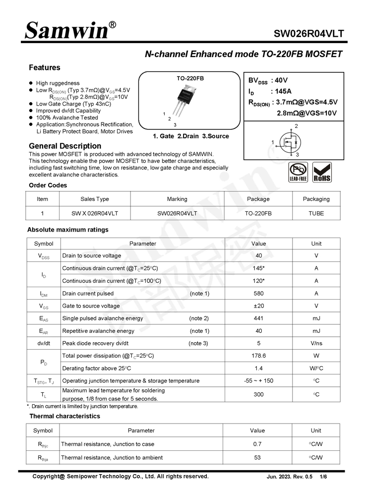 Samwin SW026R04VLT N-channel Enhanced mode TO-220FB MOSFET