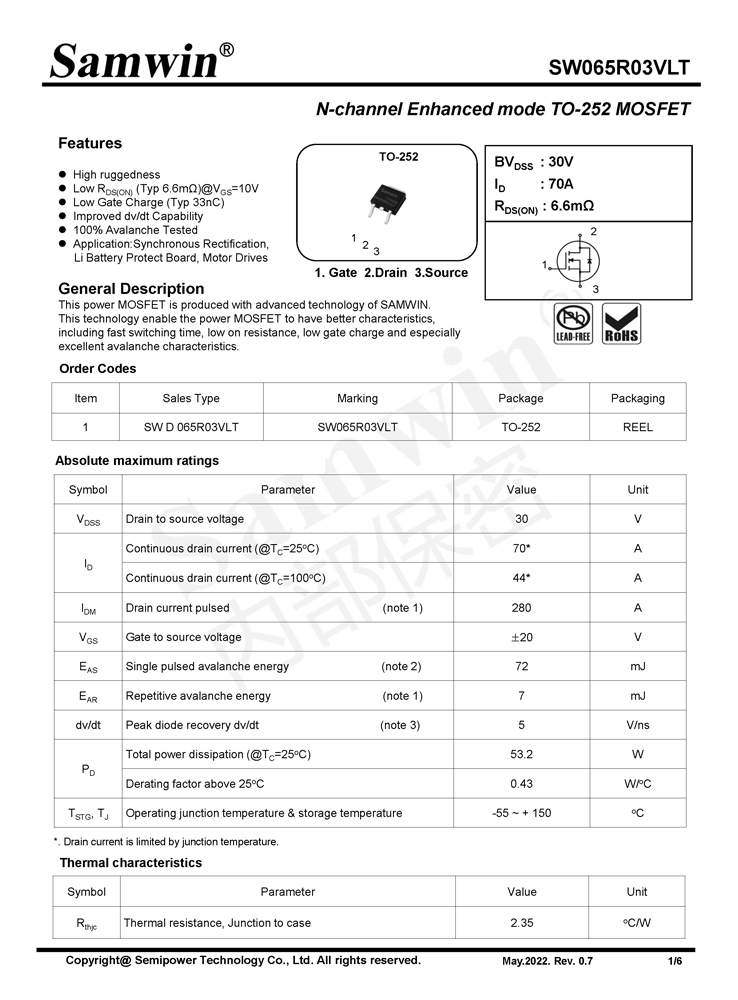 Samwin SW065R03VLT N-channel Enhanced mode TO-252 MOSFET