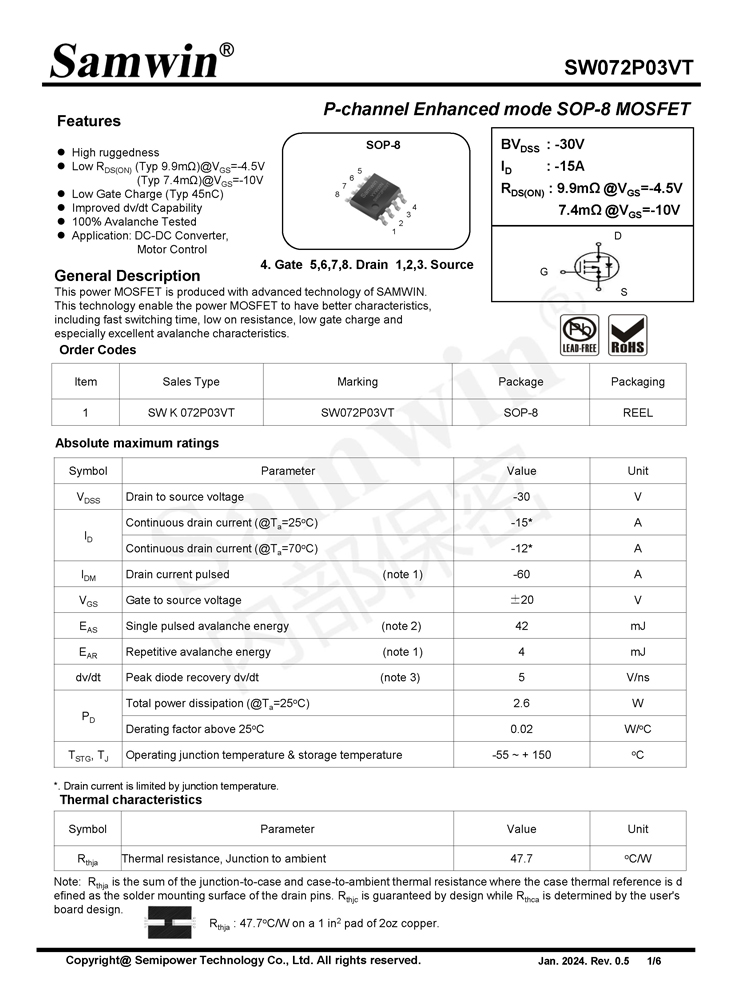 Samwin SW072P03VT P-channel Enhanced mode SOP-8 MOSFET