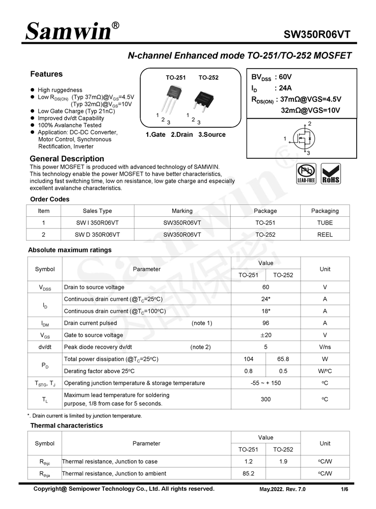 Samwin SW350R06VT N-channel Enhanced mode TO-251/TO-252 MOSFET