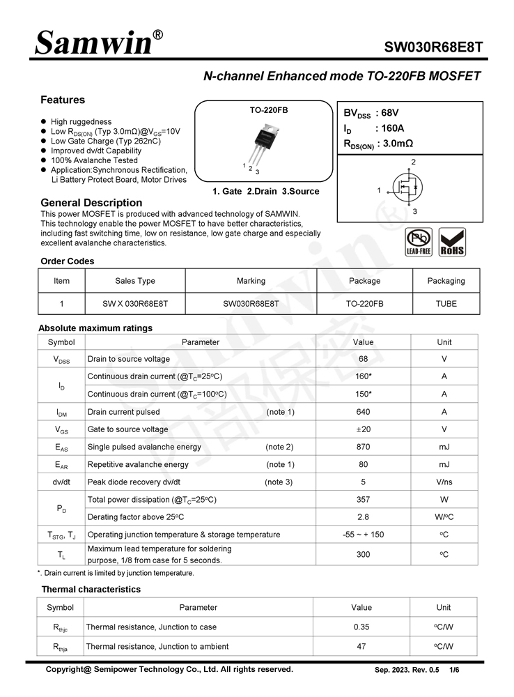 Samwin SW030R68E8T N-channel Enhanced mode TO-220FB MOSFET