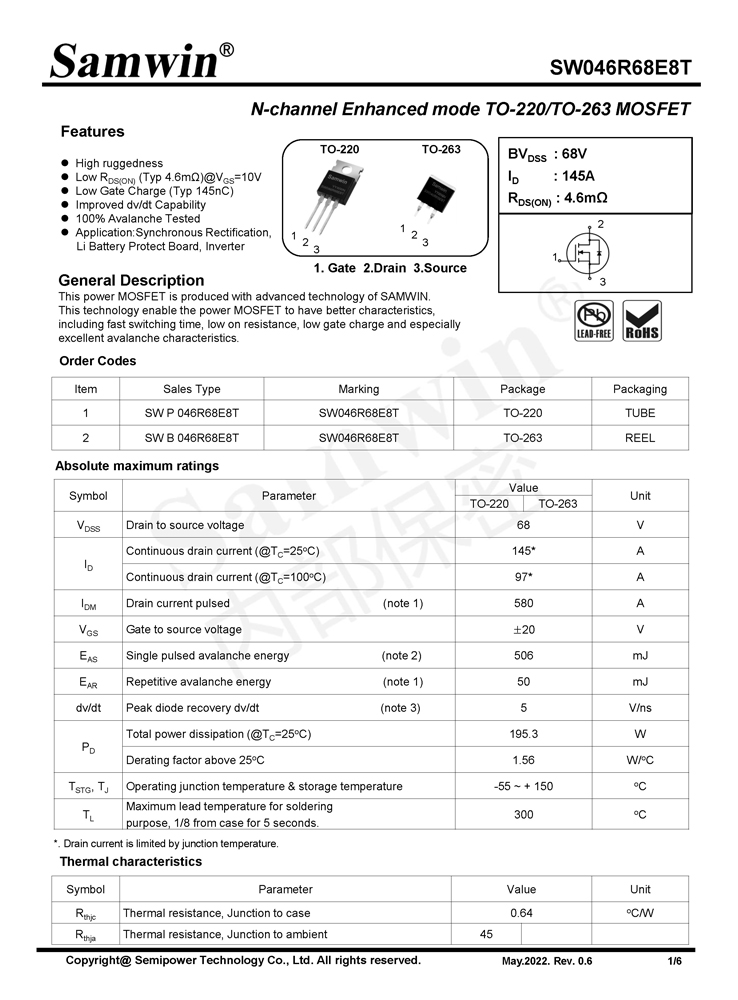 Samwin SW046R68E8T N-channel Enhanced mode TO-220/TO-263 MOSFET