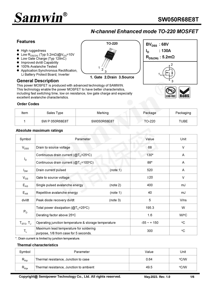 Samwin SW050R68E8T N-channel Enhanced mode TO-220 MOSFET