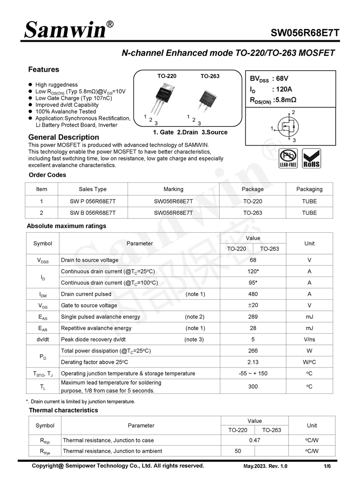 Samwin SW056R68E7T N-channel Enhanced mode TO-220/TO-263 MOSFET