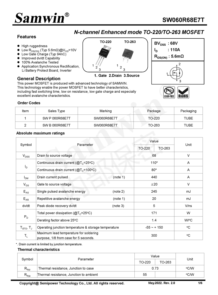 Samwin SW060R68E7T N-channel Enhanced mode TO-220/TO-263 MOSFET