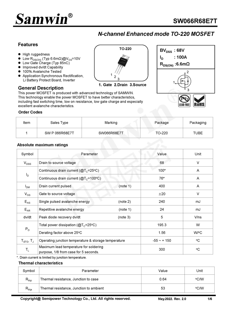 Samwin SW066R68E7T N-channel Enhanced mode TO-220 MOSFET