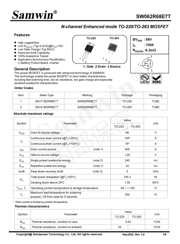 Samwin SW062R68E7T N-channel Enhanced mode TO-220/TO-263 MOSFET