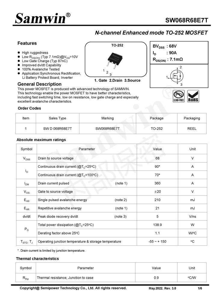 Samwin SW068R68E7T N-channel Enhanced mode TO-252 MOSFET