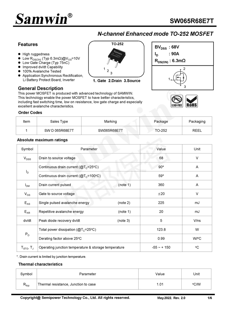 Samwin SW065R68E7T N-channel Enhanced mode TO-252 MOSFET