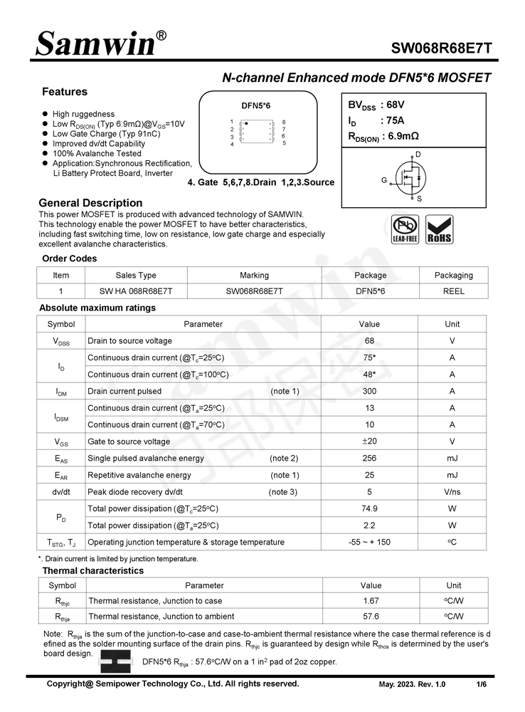 Samwin SW068R68E7T N-channel Enhanced mode DFN5*6 MOSFET