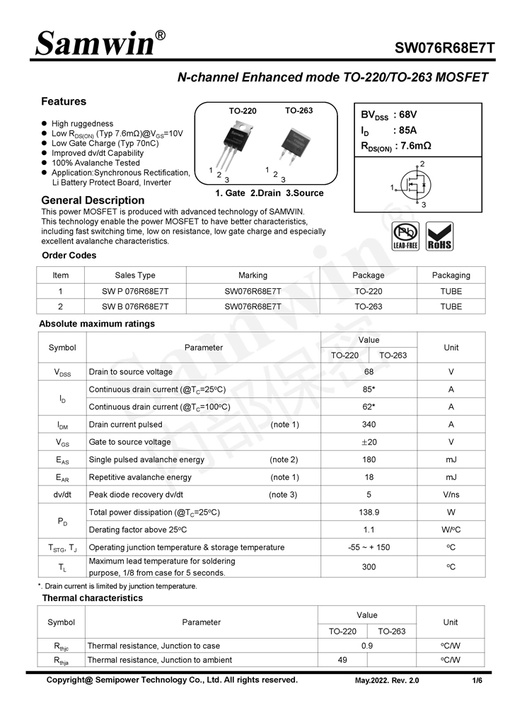 Samwin SW076R68E7T N-channel Enhanced mode TO-220/TO-263 MOSFET