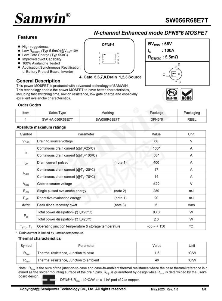 Samwin SW056R68E7T N-channel Enhanced mode DFN5*6 MOSFET