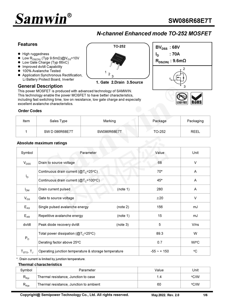 Samwin SW086R68E7T N-channel Enhanced mode TO-252 MOSFET