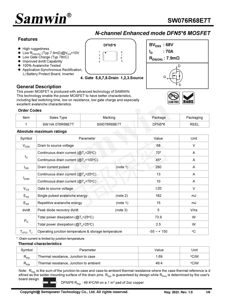 Samwin SW076R68E7T N-channel Enhanced mode DFN5*6 MOSFET