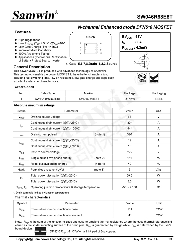 Samwin SW046R68E8T N-channel Enhanced mode DFN5*6 MOSFET