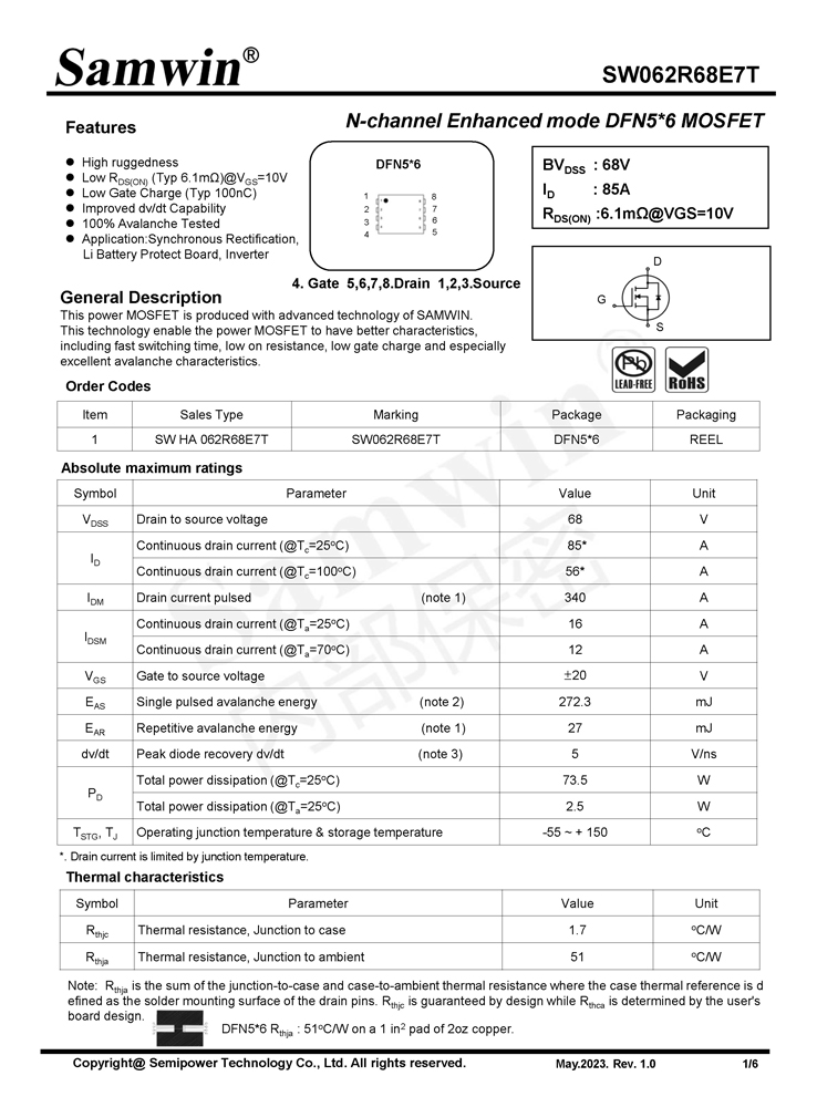 Samwin SW062R68E7T N-channel Enhanced mode DFN5*6 MOSFET