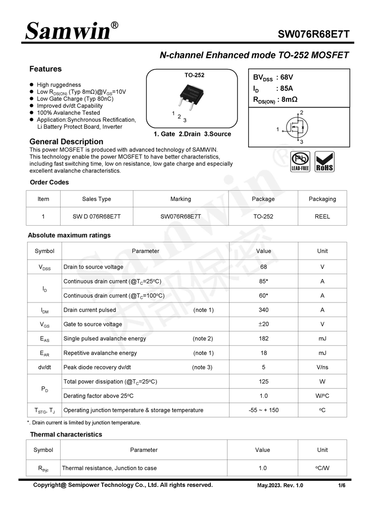 Samwin SW076R68E7T N-channel Enhanced mode TO-252 MOSFET