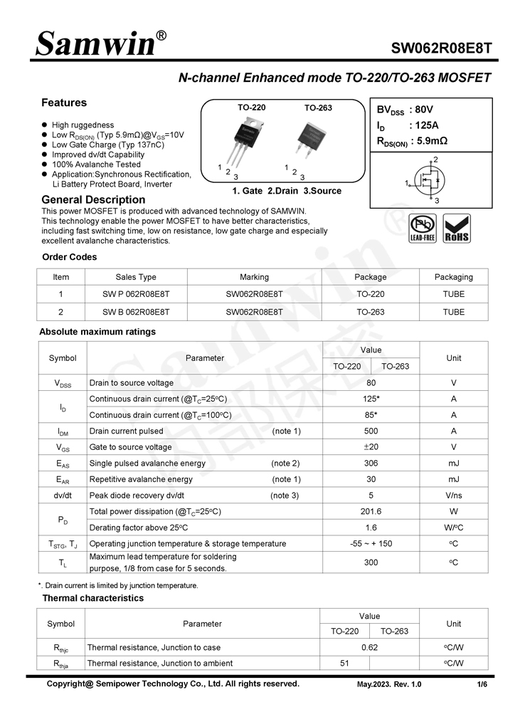 Samwin SW062R08E8T N-channel Enhanced mode TO-220/TO-263 MOSFET