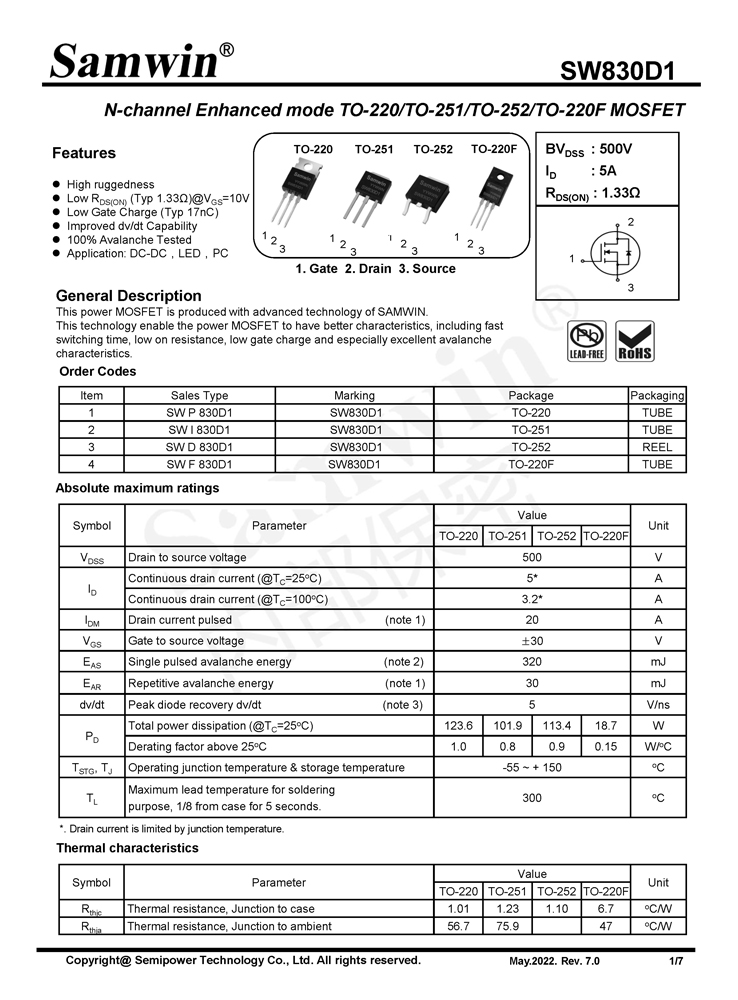 Samwin SW830D1 N-channel Enhanced mode TO-220/TO-251/TO-252/TO-220F MOSFET