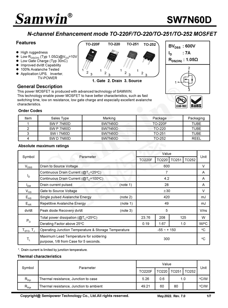 Samwin SW7N60D N-channel Enhancement mode TO-220F/TO-220/TO-251/TO-252 MOSFET