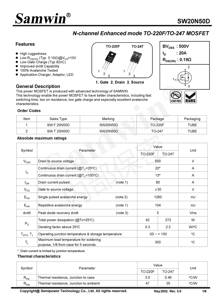 Samwin SW20N50D N-channel Enhanced mode TO-220F/TO-247 MOSFET