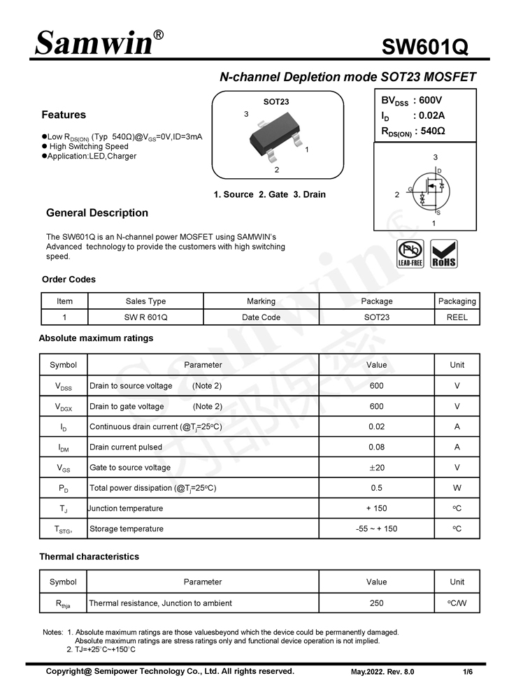 Samwin SW601Q N-channel Depletion mode SOT23 MOSFET