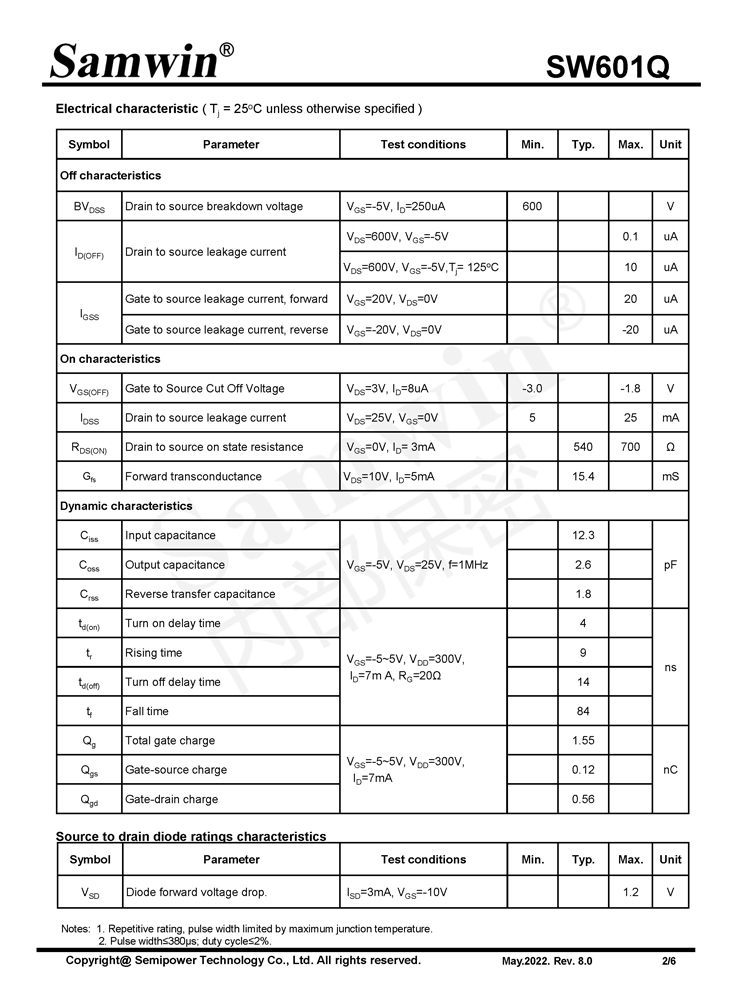 Samwin SW601Q N-channel Depletion mode SOT23 MOSFET