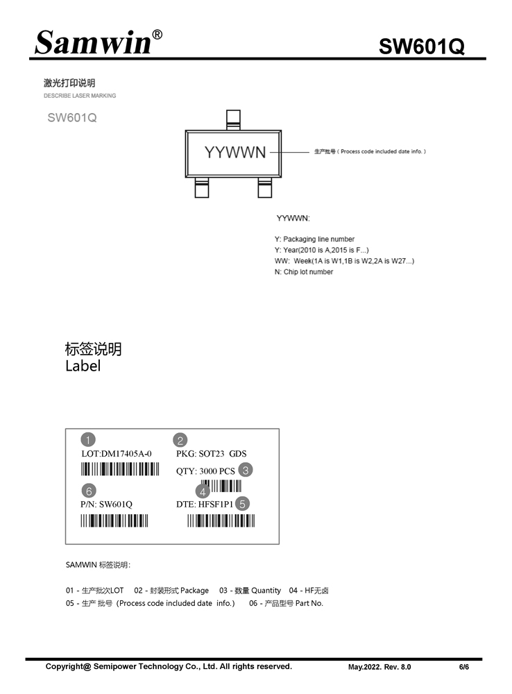 Samwin SW601Q N-channel Depletion mode SOT23 MOSFET